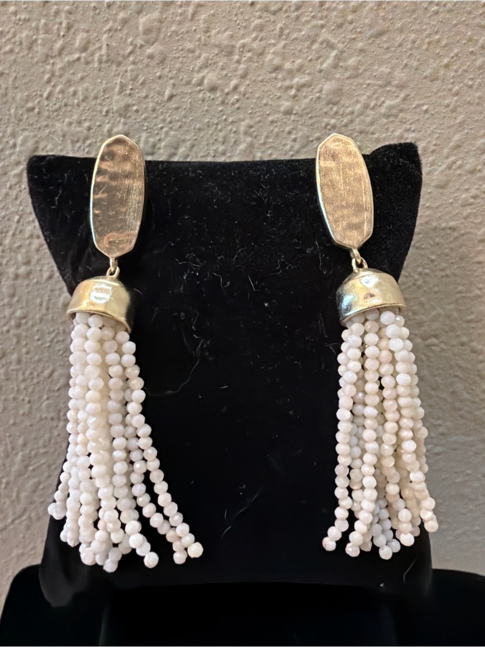 Kendra Scott White Beaded Tassel Statement Earrings Gold Tone